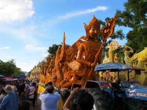 Floats on display following the day of the parade, Ubon Ratchathani candle festival